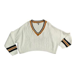 ASOS Cropped Tennis Sweater Oversized White Chunky V Neck Preppy Old Money Sz 14